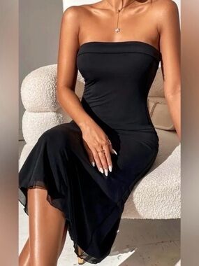Strapless Black Midi Dress - Classic Elegant Silhouette